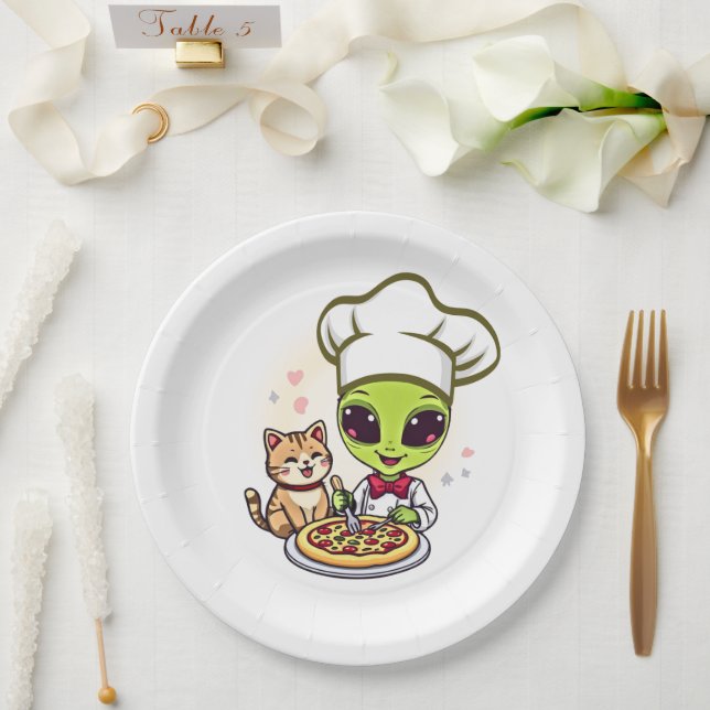 Alien Pizza Chef Cat Cartoon Art Paper Plate (Wedding)