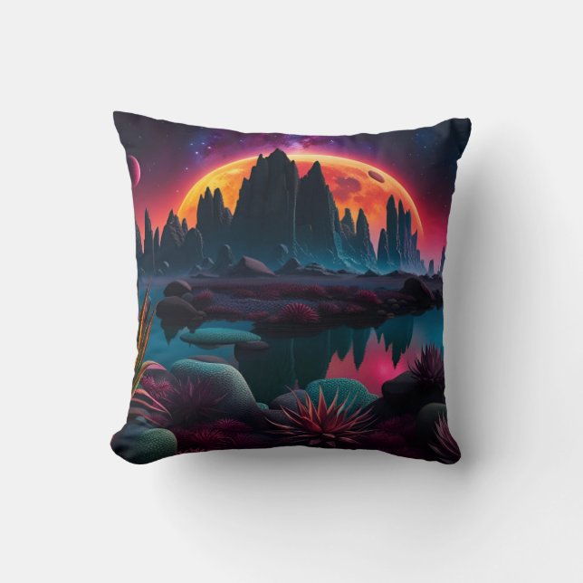  Alien planet Setting Moon Throw Pillow (Front)