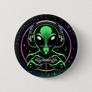 Alien Playing Video Games with Star Background 2 Inch Round Button