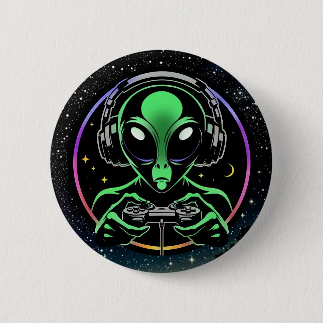 Alien Playing Video Games with Star Background 2 Inch Round Button (Front)