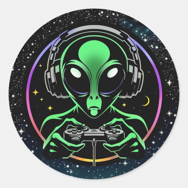 Alien Playing Video Games with Star Background Classic Round Sticker (Front)