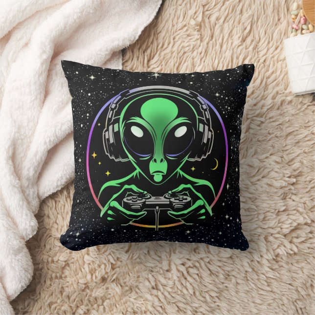 Alien Playing Video Games with Star Background Throw Pillow (Blanket)