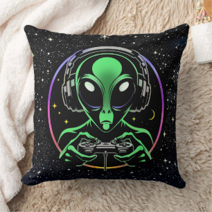 Alien Playing Video Games with Star Background Throw Pillow