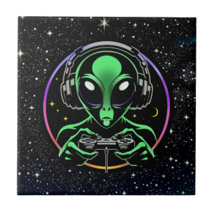Alien Playing Video Games with Star Background Tile