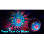 Alien Probe Photo Sculpture Magnet<br><div class="desc">A very colourful, swirling, fractal image appears twice. Once superimposed on a starry, outer space background; a second time on a small sphere surrounded by a glowing aura. Perhaps a probe launched from a mother ship; or a cosmic egg. Add your own text.</div>