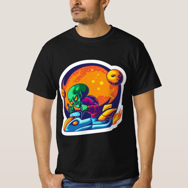 Alien ready to war with spaceship sticker T-Shirt (Front)