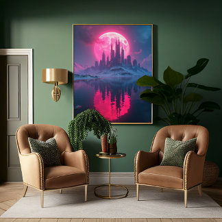 Alien Retro-Futuristic City with Neon Pink Moon Poster