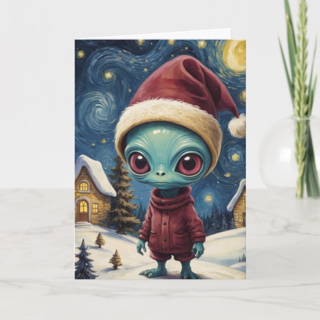Alien Retro Starry Night Christmas Personalized Card (Front)