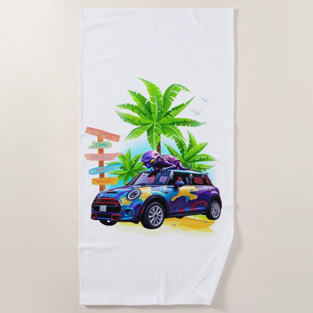 Alien Riding a Mini! Beach Towel (Front)