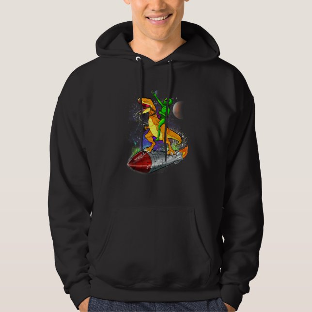 Alien Riding Dinosaur On Rocket In Space Hoodie (Front)