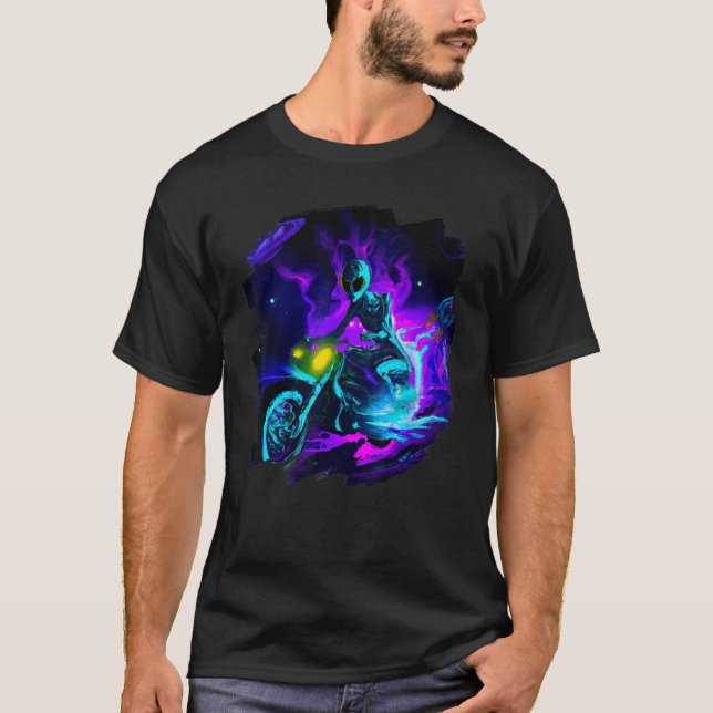 Alien Riding Motorcycle Dirt Bike in Space Aliens  T-Shirt (Front)