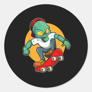 Alien Riding Skateboard Ufo Extraterrestrial Skate Classic Round Sticker