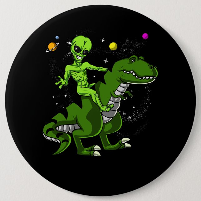 Alien Riding T-Rex Dinosaur Space UFO 6 Inch Round Button (Front)