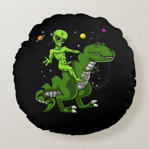 Alien Riding T-Rex Dinosaur Space UFO Round Pillow