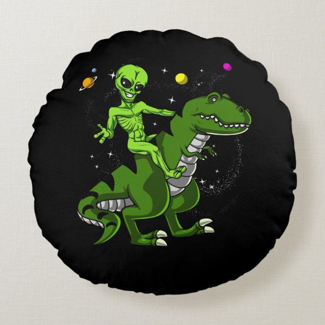 Alien Riding T-Rex Dinosaur Space UFO Round Pillow (Front)