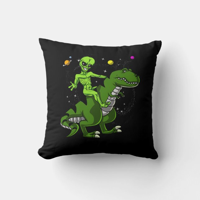 Alien Riding T-Rex Dinosaur Space UFO Throw Pillow (Front)