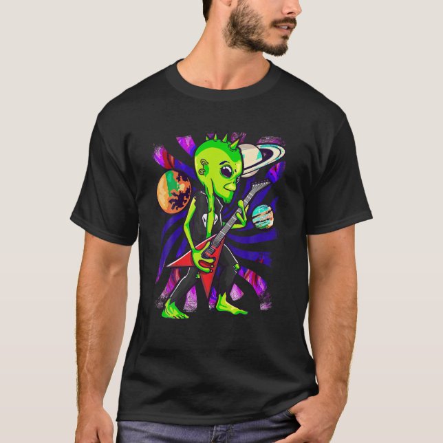 Alien Rock Playing Electric Guitar UFO Fans Rocker T-Shirt (Front)