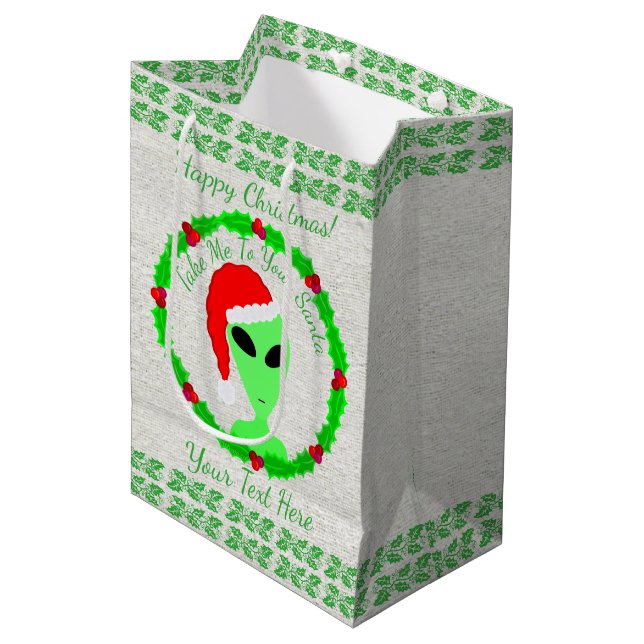 Alien Santa Holly Wreath Medium Happy Christmas Medium Gift Bag (Front Angled)