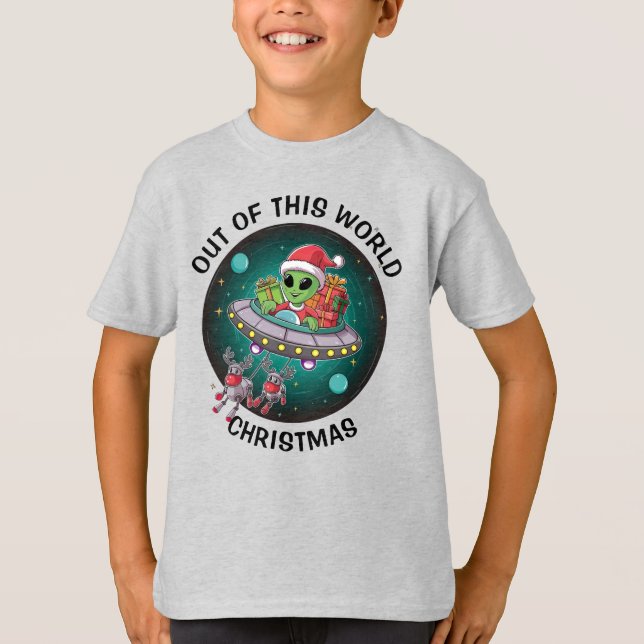 Alien Santa in UFO Kids T-Shirt (Front)