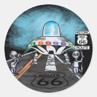 Alien saying hello from route 66 love classic round sticker