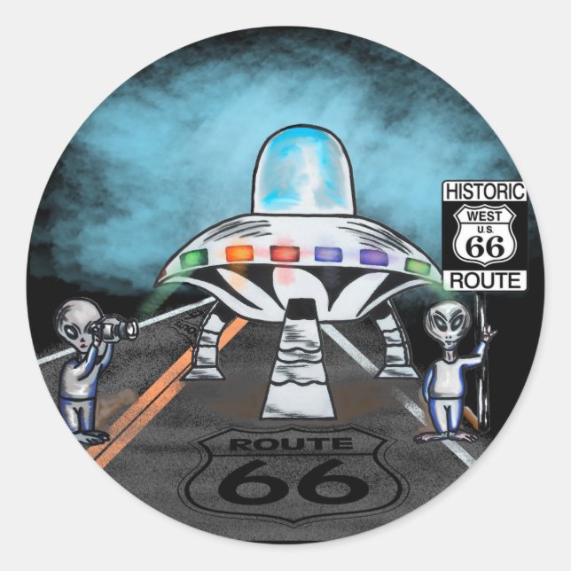 Alien saying hello from route 66 love classic round sticker (Front)