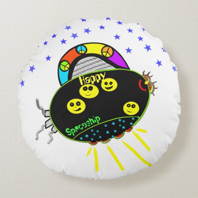 Alien Smile Peace Black Spaceship Stars Kids Round Pillow (Front)
