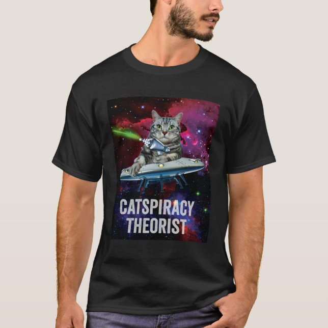 Alien Space Cat UFO Catspiracy Theorist T-Shirt (Front)
