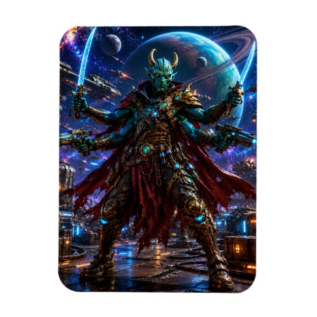 Alien Space Pirate Captain — Four-Armed Warrior Magnet (Vertical)