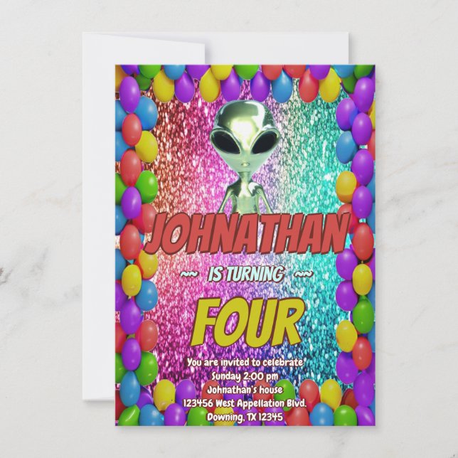 Alien Space UFO Rocket Ship Cosmic birthday invite (Front)