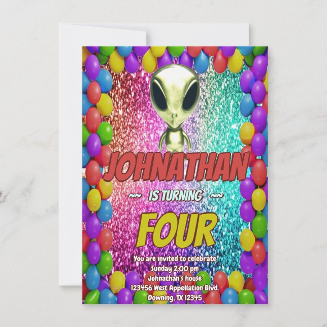 Alien Space UFO Rocket Ship Cosmic birthday invite (Front)