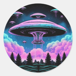 Alien Spacecraft Nighttime Classic Round Sticker