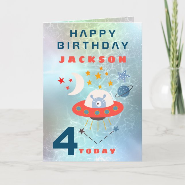 Alien Spaceship Age 4 Space Teal Birthday Card (Front)