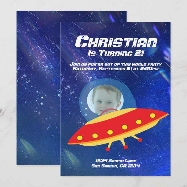 Alien Spaceship Astronaut Outer Space Birthday Invitation (Front/Back)
