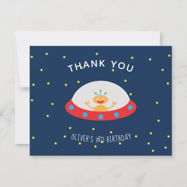 Alien spaceship birthday thank you note card (Front)