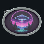 Alien Spaceship Retro Futuristic Belt Buckle<br><div class="desc">Step into a world of otherworldly wonder with our mesmerizing Alien Spaceship Vaporwave Aesthetic Art Print. Against the backdrop of a starlit sky, this captivating scene depicts an alien spaceship hovering over a serene night field, casting an ethereal glow that bathes the surroundings in a surreal light. Inspired by the...</div>