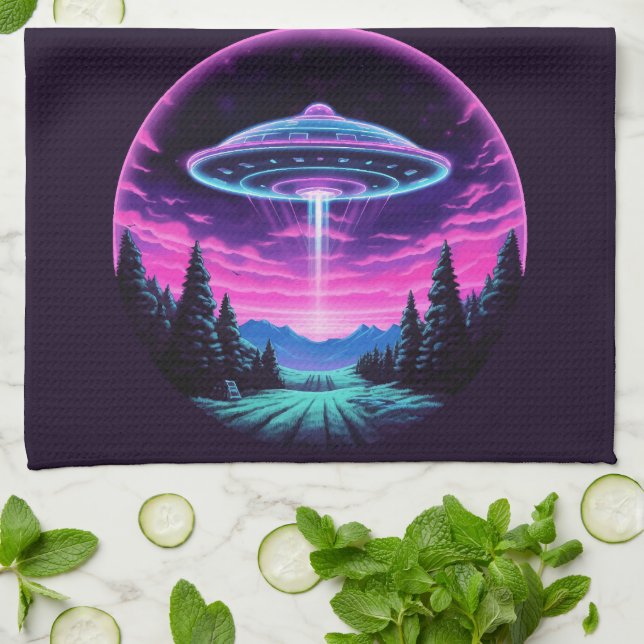 Alien Spaceship Retro Futuristic Kitchen Towel (Folded)