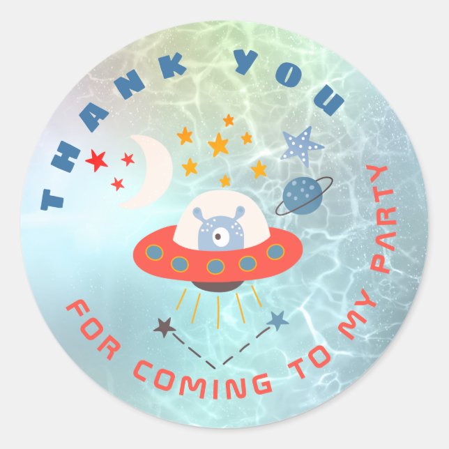 Alien Spaceship Thank You teal Birthday Favour Classic Round Sticker (Front)