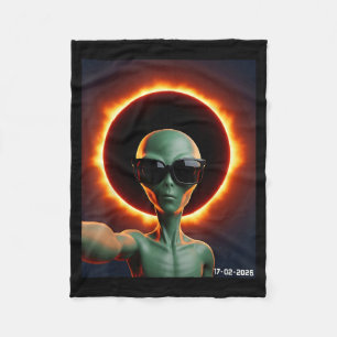Alien Taking Selfie With Solar 2026 Eclipse Wearin Fleece Blanket