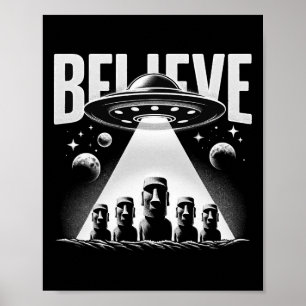 Alien Ufo And Moai Easter Island Head Tee - Mystic Poster