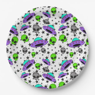 alien ufo and star pattern paper plate