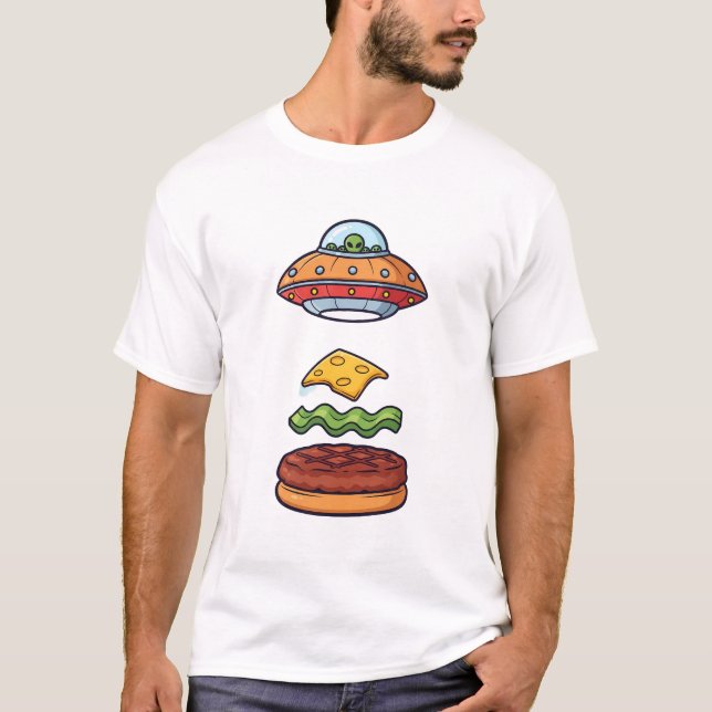 Alien UFO Burger Illustration with Floating Layers T-Shirt (Front)