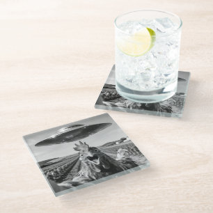 Alien UFO Chicken Art Abduction SciFi Humor Glass Coaster