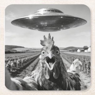 Alien UFO Chicken Art Abduction SciFi Humor Square Paper Coaster