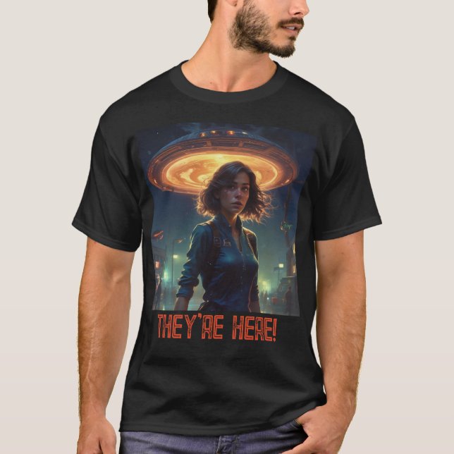 Alien UFO Encounter By Girl in Town T-Shirt (Front)