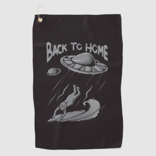 alien ufo surfing illustration with back to home   golf towel