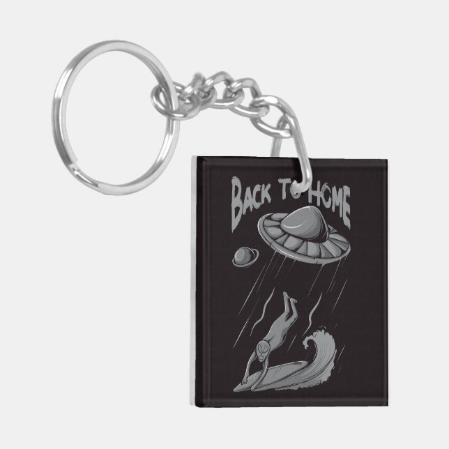 alien ufo surfing illustration with back to home   keychain (Front Left)