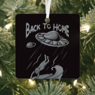 alien ufo surfing illustration with back to home   metal ornament
