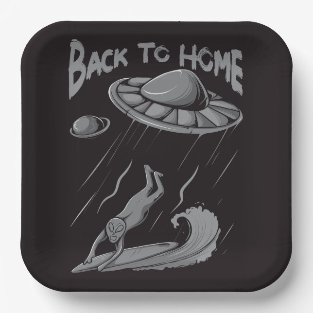 alien ufo surfing illustration with back to home   paper plate (Front)