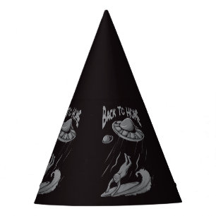 alien ufo surfing illustration with back to home   party hat