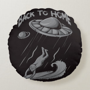 alien ufo surfing illustration with back to home  round pillow